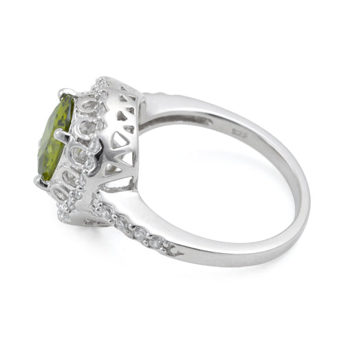 Sterling Silver Olive Green Halo Oval Cut CZ Ring