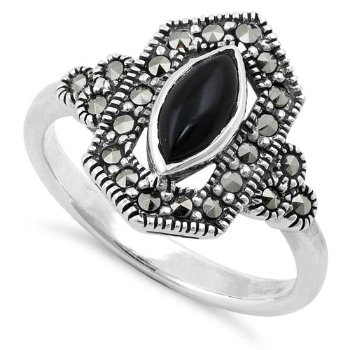 Sterling Silver Black Onyx Diamond Shaped Marcasite Ring