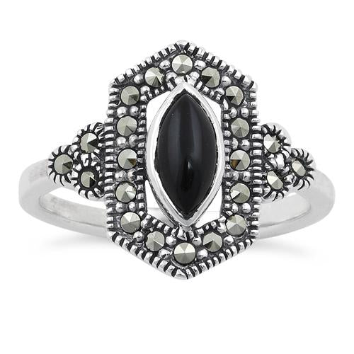 Sterling Silver Black Onyx Diamond Shaped Marcasite Ring