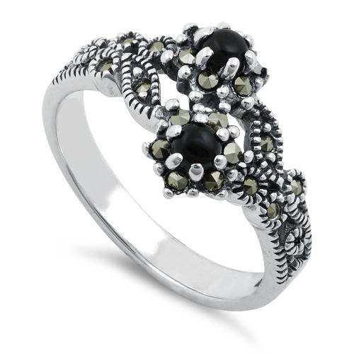 Sterling Silver Black Onyx Double Flower Marcasite Ring