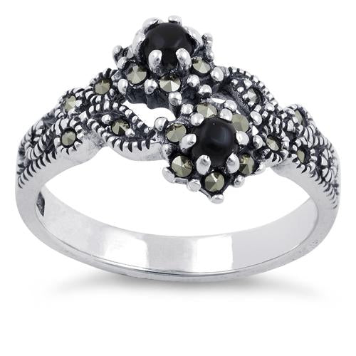 Sterling Silver Black Onyx Double Flower Marcasite Ring