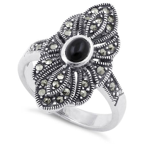 Sterling Silver Black Onyx Eye Marcasite Ring