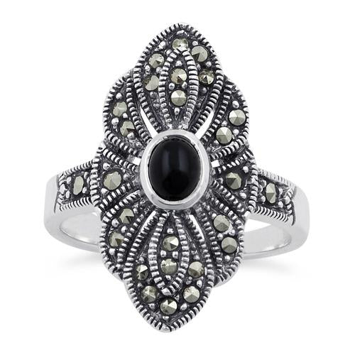 Sterling Silver Black Onyx Eye Marcasite Ring