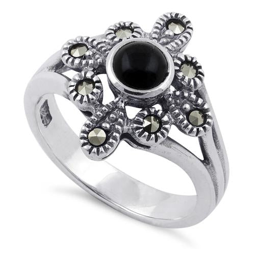 Sterling Silver Black Onyx Flower Marcasite Ring