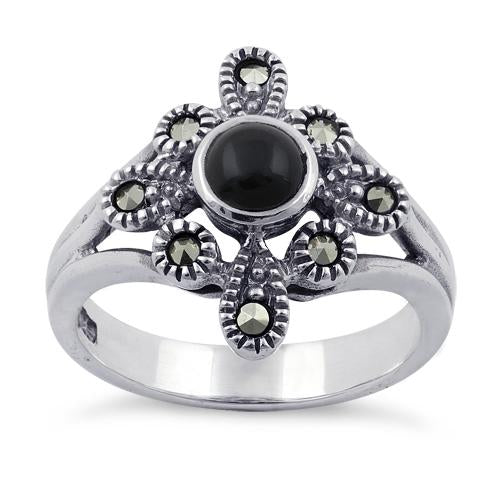 Sterling Silver Black Onyx Flower Marcasite Ring