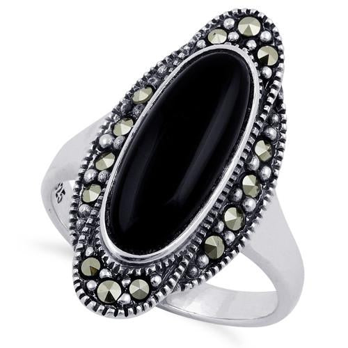 Sterling Silver Black Onyx Oval Marcasite Ring