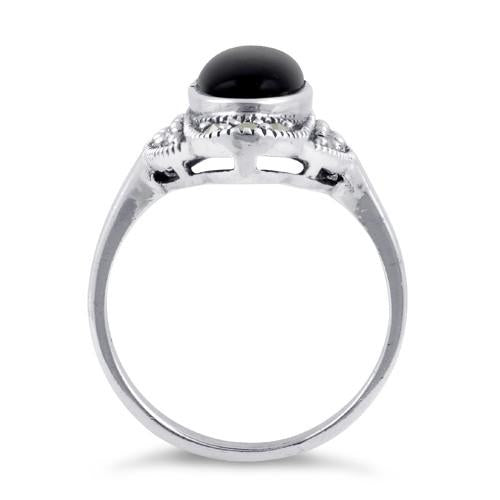 Sterling Silver Black Onyx Oval Marcasite Ring