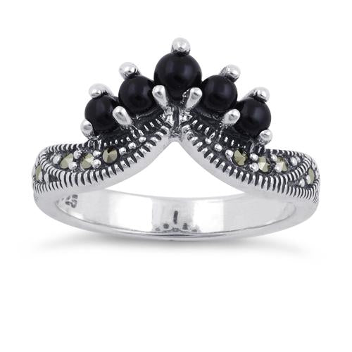 Sterling Silver Black Onyx Pointed V Marcasite Ring