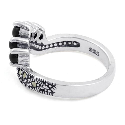 Sterling Silver Black Onyx Pointed V Marcasite Ring