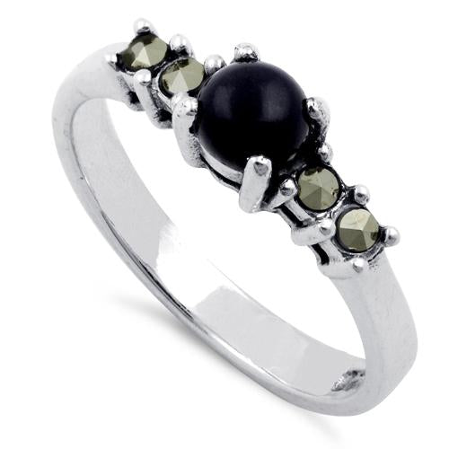 Sterling Silver Black Onyx Round Marcasite Ring
