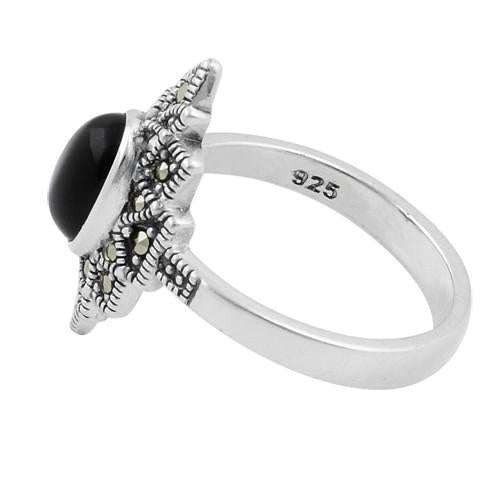 Sterling Silver Black Onyx Star Marcasite Ring
