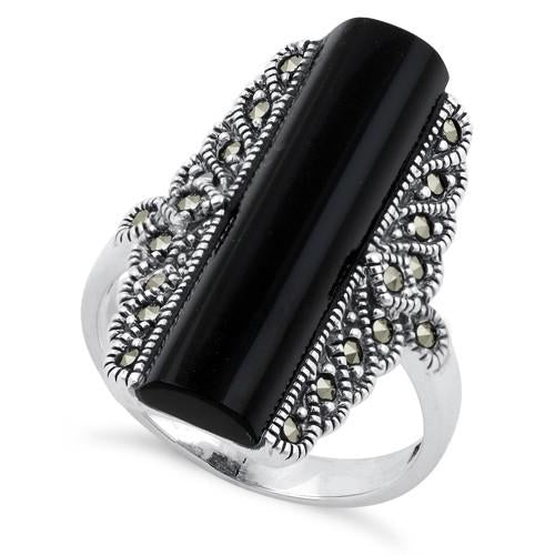 Sterling Silver Black Onyx Tall Marcasite Ring