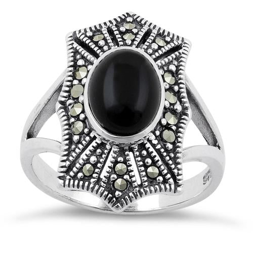 Sterling Silver Black Onyx Web Marcasite Ring