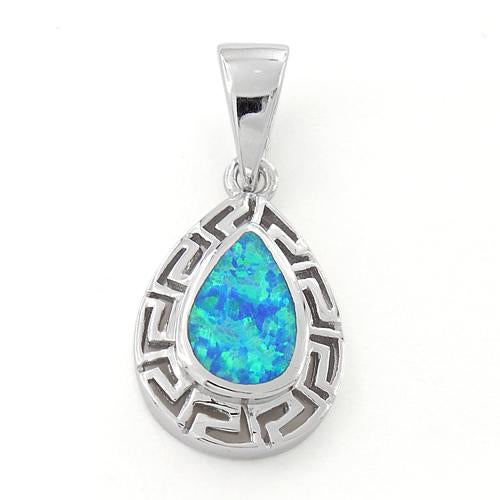 Sterling Silver Lab Opal Greek Pattern Drop Pendant