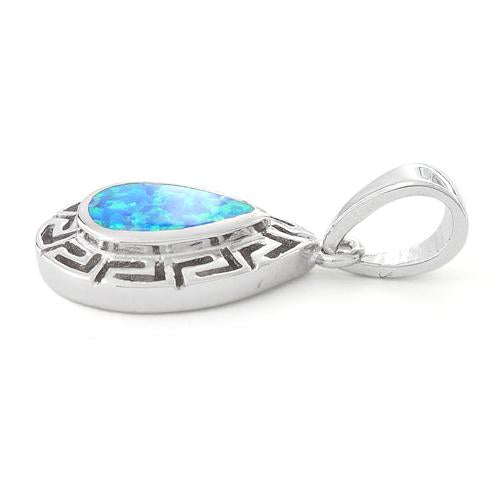 Sterling Silver Lab Opal Greek Pattern Drop Pendant