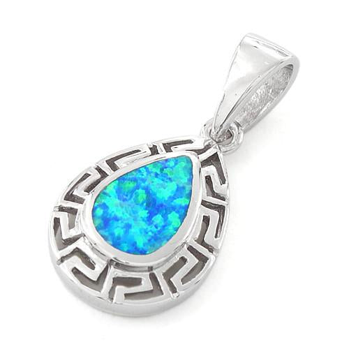 Sterling Silver Lab Opal Greek Pattern Drop Pendant