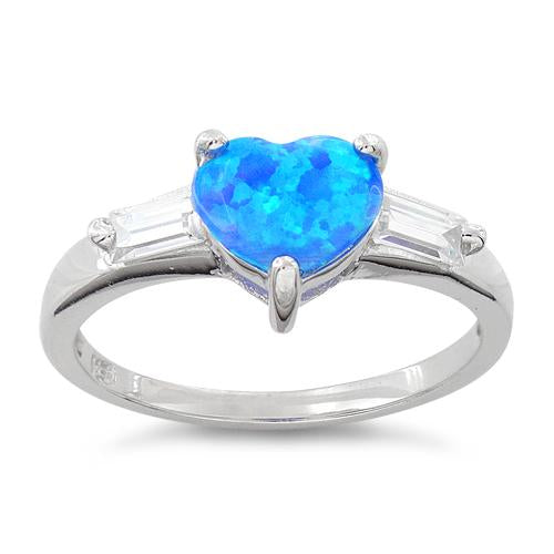 Sterling Silver Lab Opal Heart Baguette CZ Ring