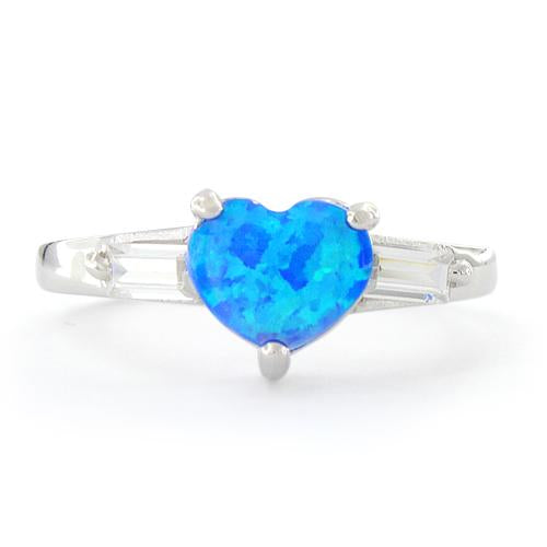 Sterling Silver Lab Opal Heart Baguette CZ Ring