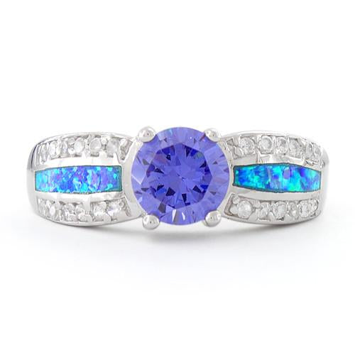 Sterling Silver Lab Opal Round Tanzanite CZ Ring