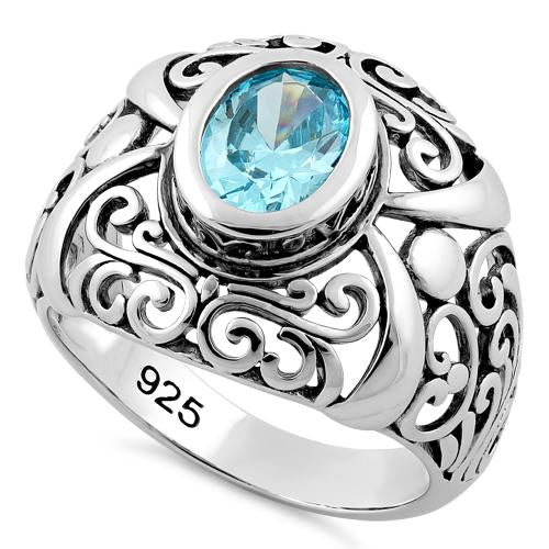 Sterling Silver Oriental Bali Aquamarine CZ Ring