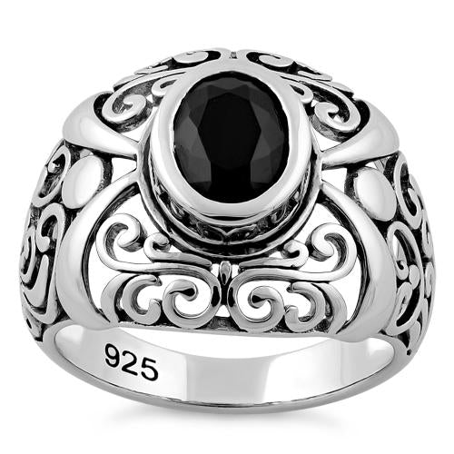 Sterling Silver Oriental Bali Black CZ Ring