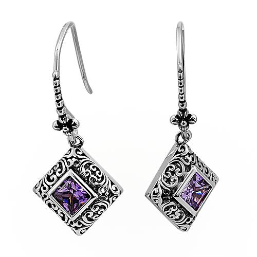 Sterling Silver Ornate Square Cut Amethyst CZ Earrings