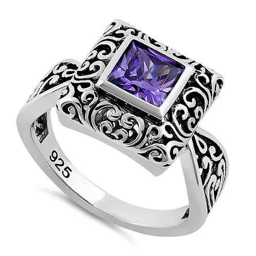 Sterling Silver Ornate Square Cut Amethyst CZ Ring