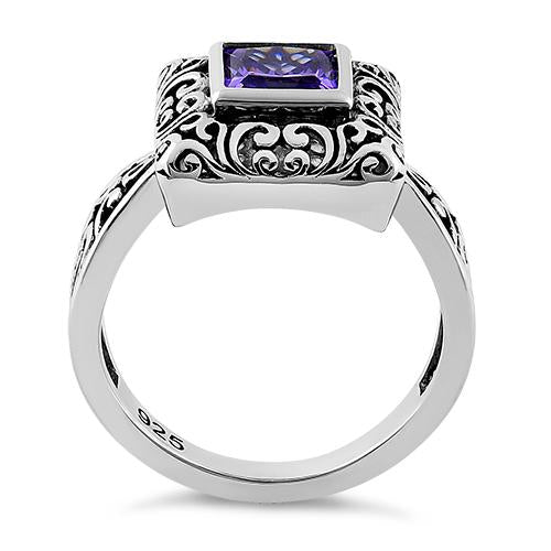 Sterling Silver Ornate Square Cut Amethyst CZ Ring