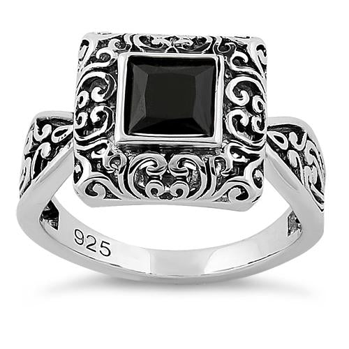 Sterling Silver Ornate Square Cut Black CZ Ring