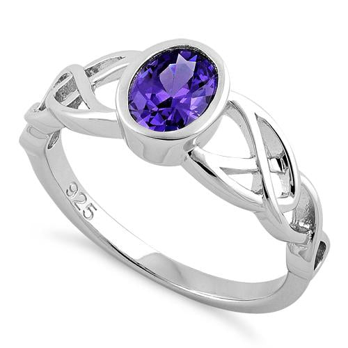 Sterling Silver Oval Amethyst CZ Celtic Ring