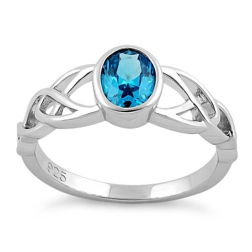 Sterling Silver Oval Aqua Blue CZ Celtic Ring