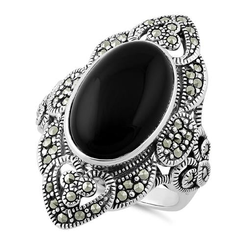 Sterling Silver Oval Black Onyx Heart Marcasite Ring