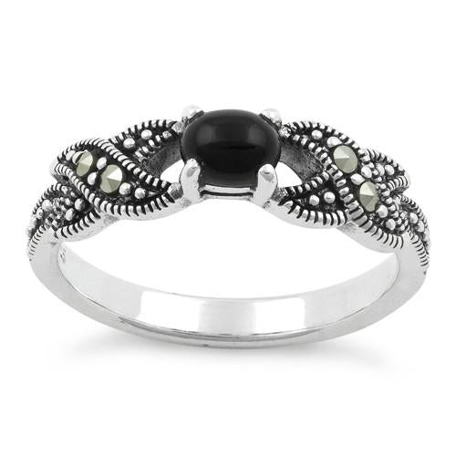 Sterling Silver Oval Black Onyx Marcasite Ring
