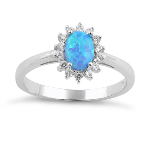 Sterling Silver Oval Blue Lab Opal CZ Ring