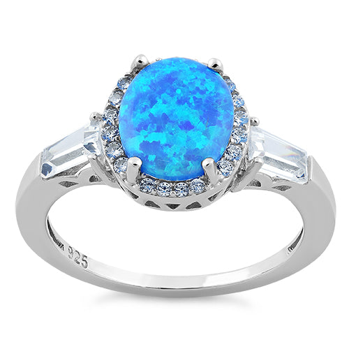 Sterling Silver Oval Blue Lab Opal CZ Ring