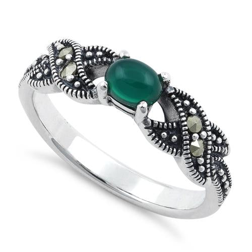 Sterling Silver Oval Green Agate Marcasite Ring