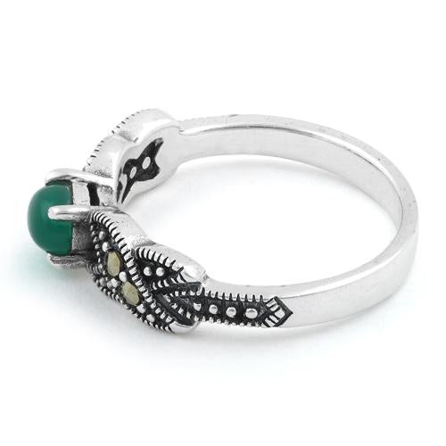 Sterling Silver Oval Green Agate Marcasite Ring