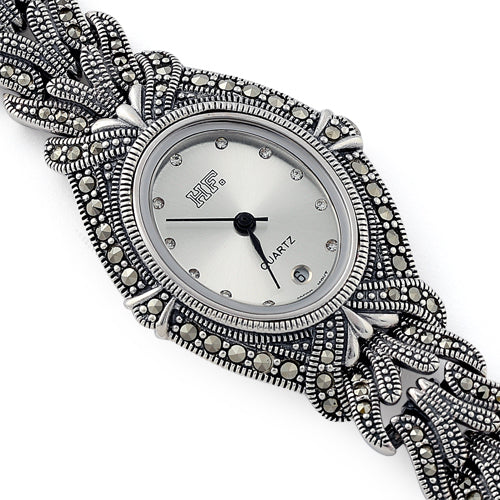 Sterling Silver Oval Marcasite Watch