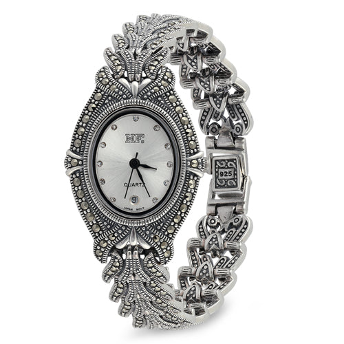 Sterling Silver Oval Marcasite Watch