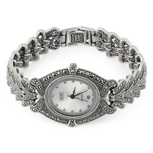 Sterling Silver Oval Marcasite Watch