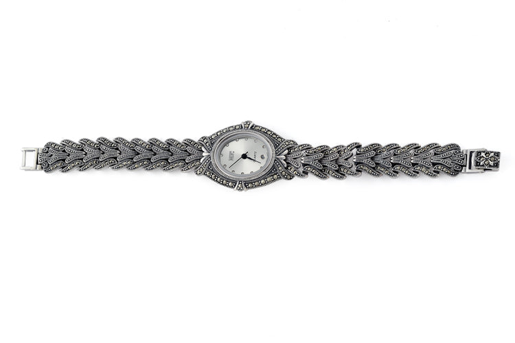 Sterling Silver Oval Marcasite Watch