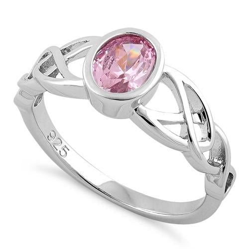 Sterling Silver Oval Pink CZ Celtic Ring