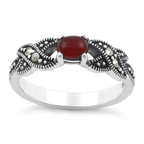 Sterling Silver Oval Red Agate Marcasite Ring