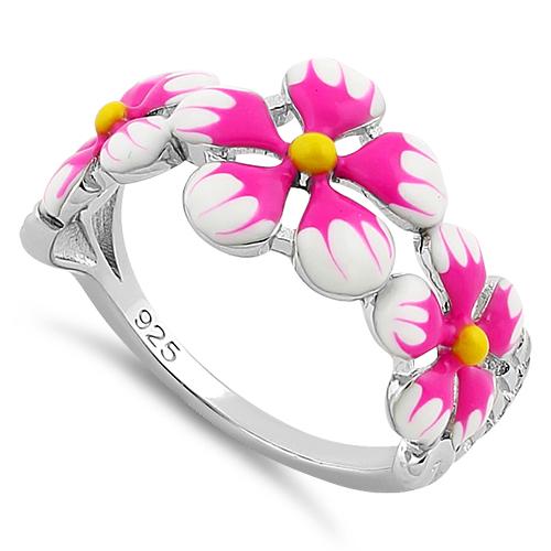 Sterling Silver Hand-Painted Paradise Pink & White Plumeria Enamel Ring