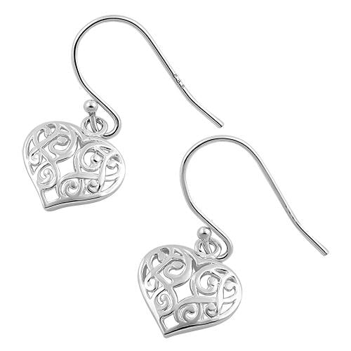 Sterling Silver Pattern Heart Hook Earrings