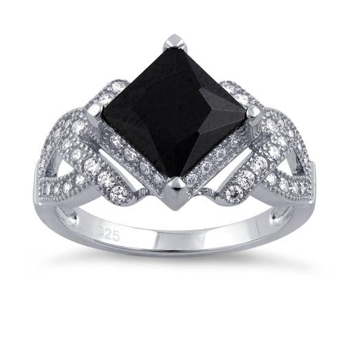 Sterling Silver Pave Black CZ Princess Cut Ring