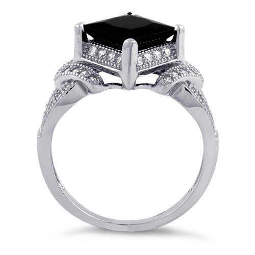 Sterling Silver Pave Black CZ Princess Cut Ring