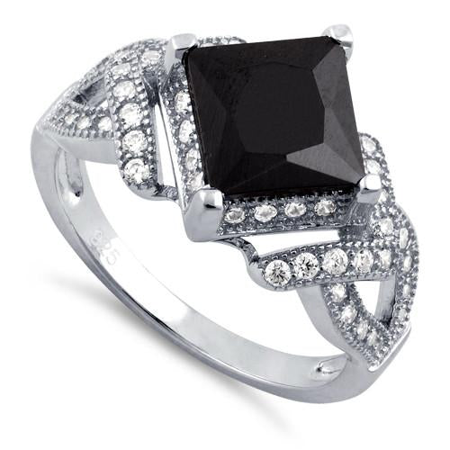 Sterling Silver Pave Black CZ Princess Cut Ring