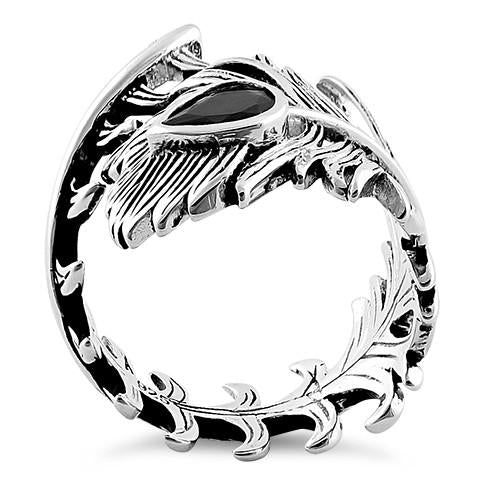 Sterling Silver Peacock Feather Black CZ Ring
