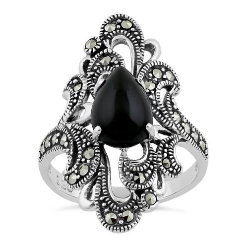 Sterling Silver Pear Shape Black Onyx Marcasite Ring
